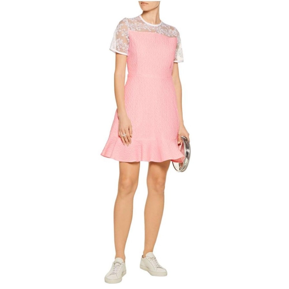 Carven Pink Textured Organza Dress A Line Ruffle Hem White Lace Illusion  40/M